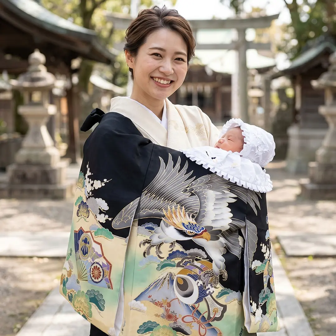 お宮参り産着／黒地に鷹と富士山の祝い着／男児 | お宮参りの産着
