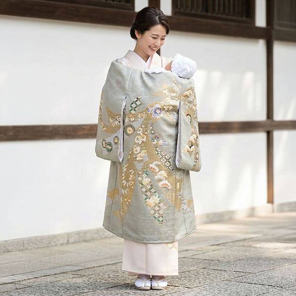 お宮参り産着／グレージュ地に束ね熨斗の祝い着／男女兼用