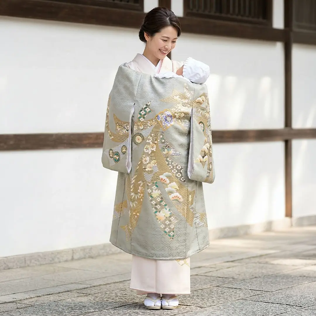 お宮参り産着レンタル／グレージュ地に束ね熨斗の祝い着／男女兼用