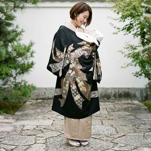 お宮参り産着／黒地に束ね熨斗の祝い着／男女兼用