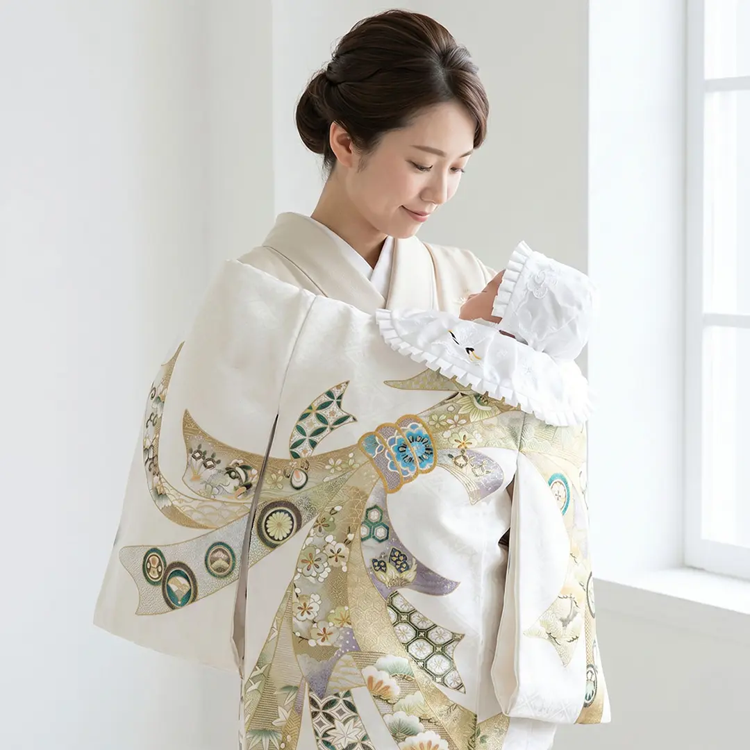 【新品】お宮参り 着物 産着 襦袢付 スタイ 帽子 純白 男の子 女の子 兼用 お宮参り産着レンタル／白地に束ね熨斗の祝い着／男女兼用 | お宮参り