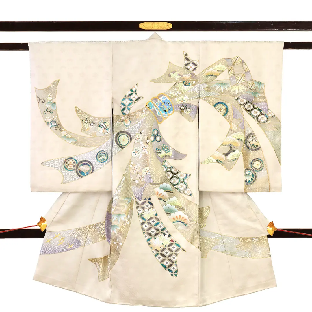 お宮参り産着／ベージュ地に束ね熨斗の祝い着／男女兼用