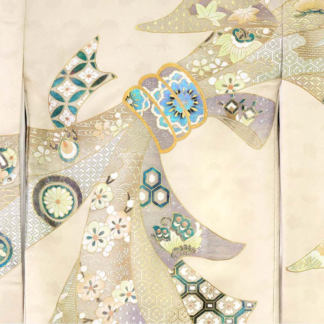 お宮参り産着／ベージュ地に束ね熨斗の祝い着／男女兼用／背中の柄詳細