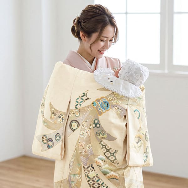 お宮参り産着レンタル／ベージュ地に束ね熨斗の祝い着／男女兼用 | お