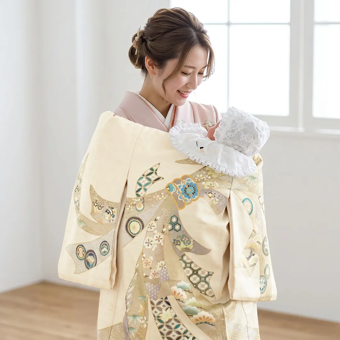 お宮参り産着レンタル／ベージュ地に束ね熨斗の祝い着／男女兼用 | お