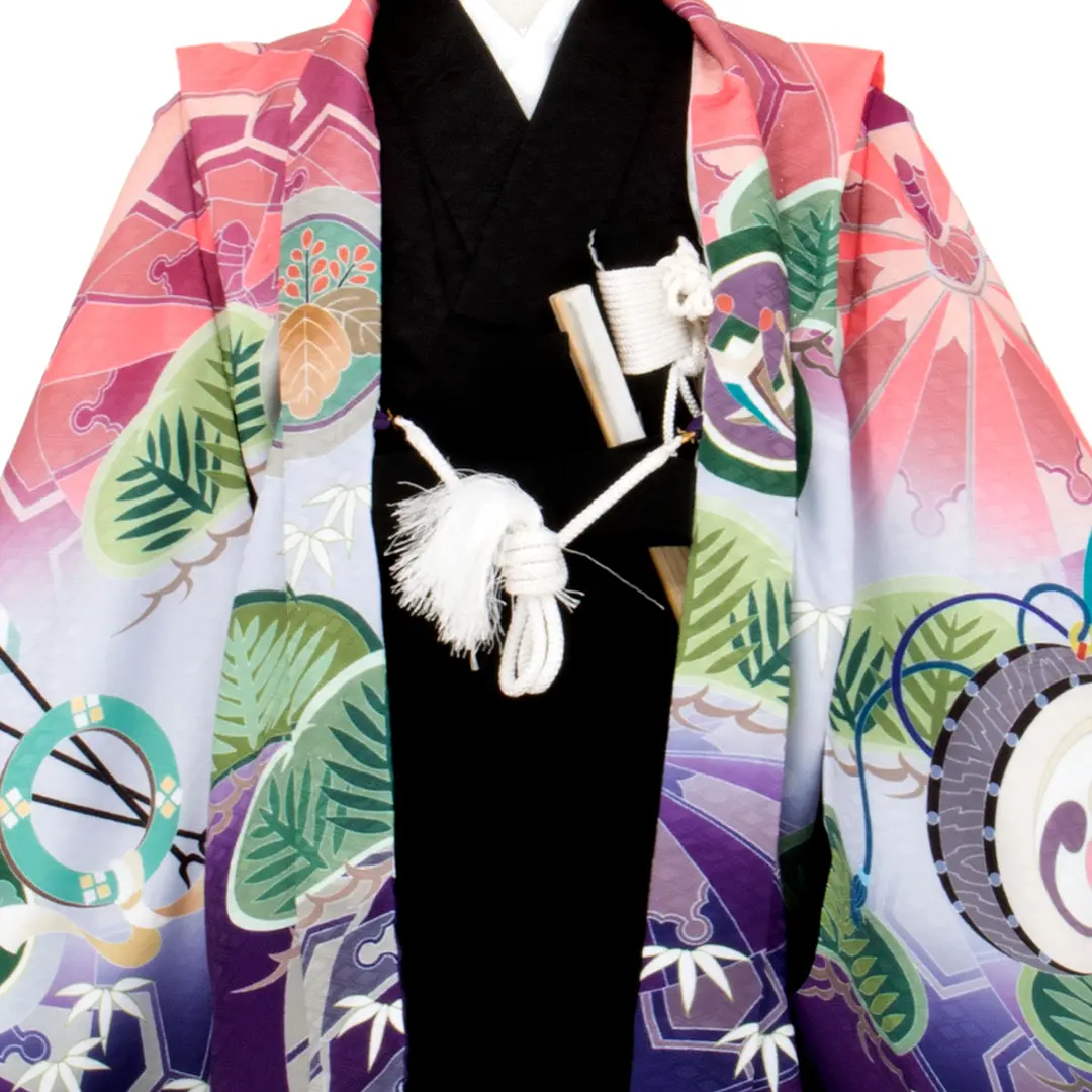 ピンクと紫に兜 黒の袴／七五三・三歳男の子・袴 | 宅配着物レンタルの