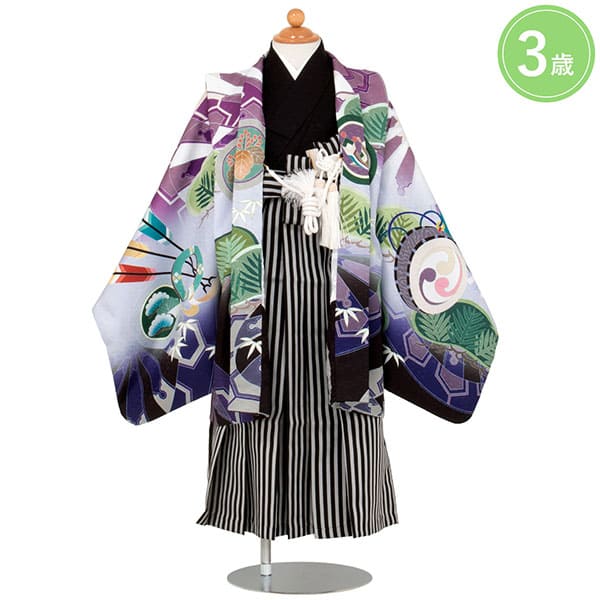 紫系日本製♡七五三　7歳　男の子　セット　一式　黒縦縞袴　鷹 紫と白地に兜 黒縞の袴／七五三・三歳男の子・袴 | 宅配着物