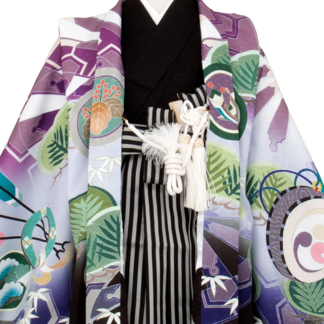 紫と白地に兜 黒縞の袴／七五三・三歳男の子・袴 | 宅配着物レンタルの