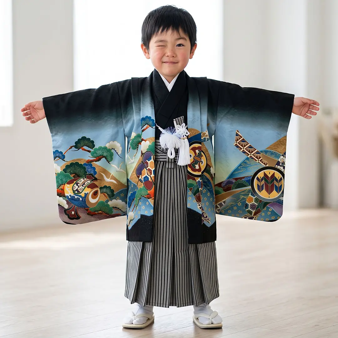 黒地に兜と太鼓、黒縞の袴／七五三・三歳男の子・袴／着用イメージ