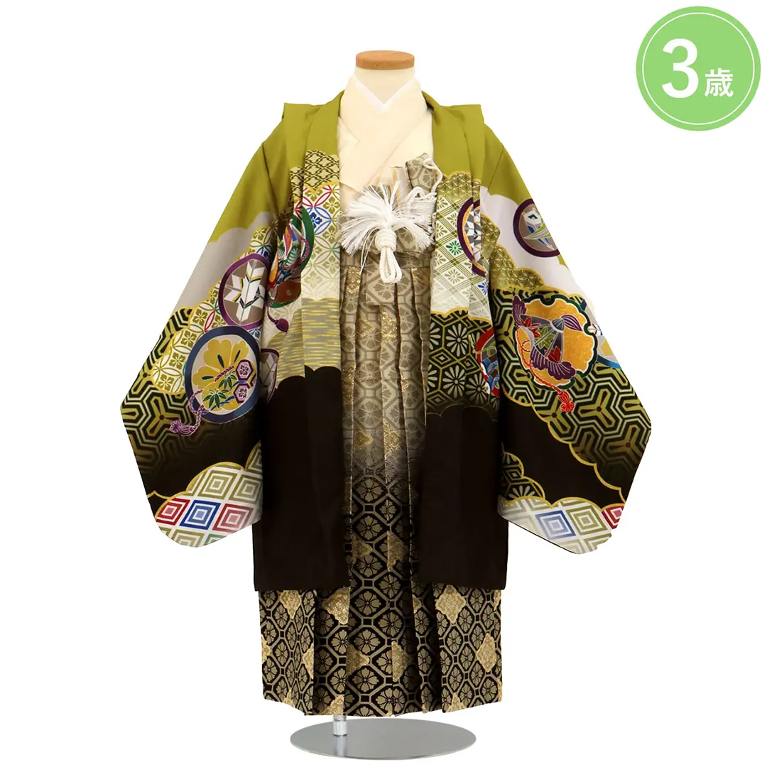 抹茶地に鷹と丸紋、ベージュのグラデーションの袴／七五三・三歳