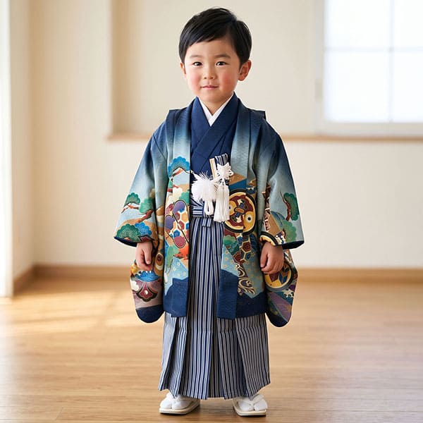 紺地に兜と軍配に太鼓、紺縞の袴／七五三・三歳男の子・袴 | 宅配着物