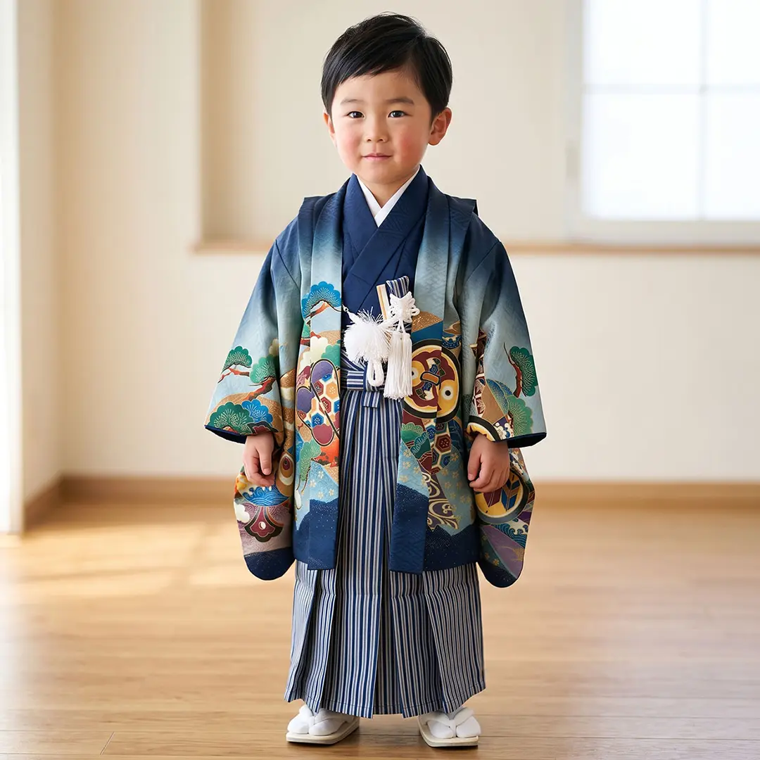 紺地に兜と太鼓、紺縞の袴／七五三・三歳男の子・袴／着用イメージ