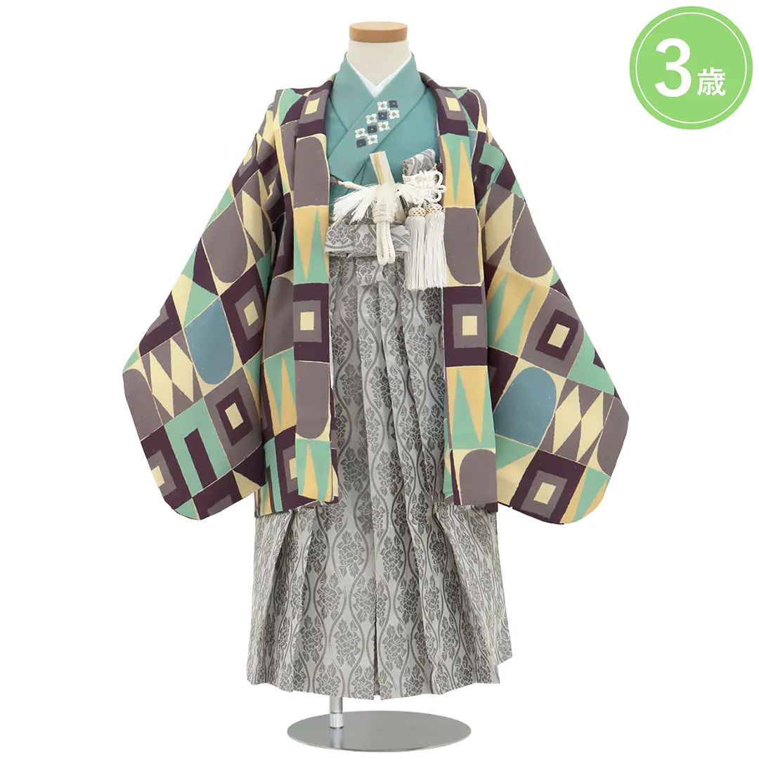 紫の幾何学文様、シルバーグレーの袴／七五三・三歳男の子・袴 | 宅配