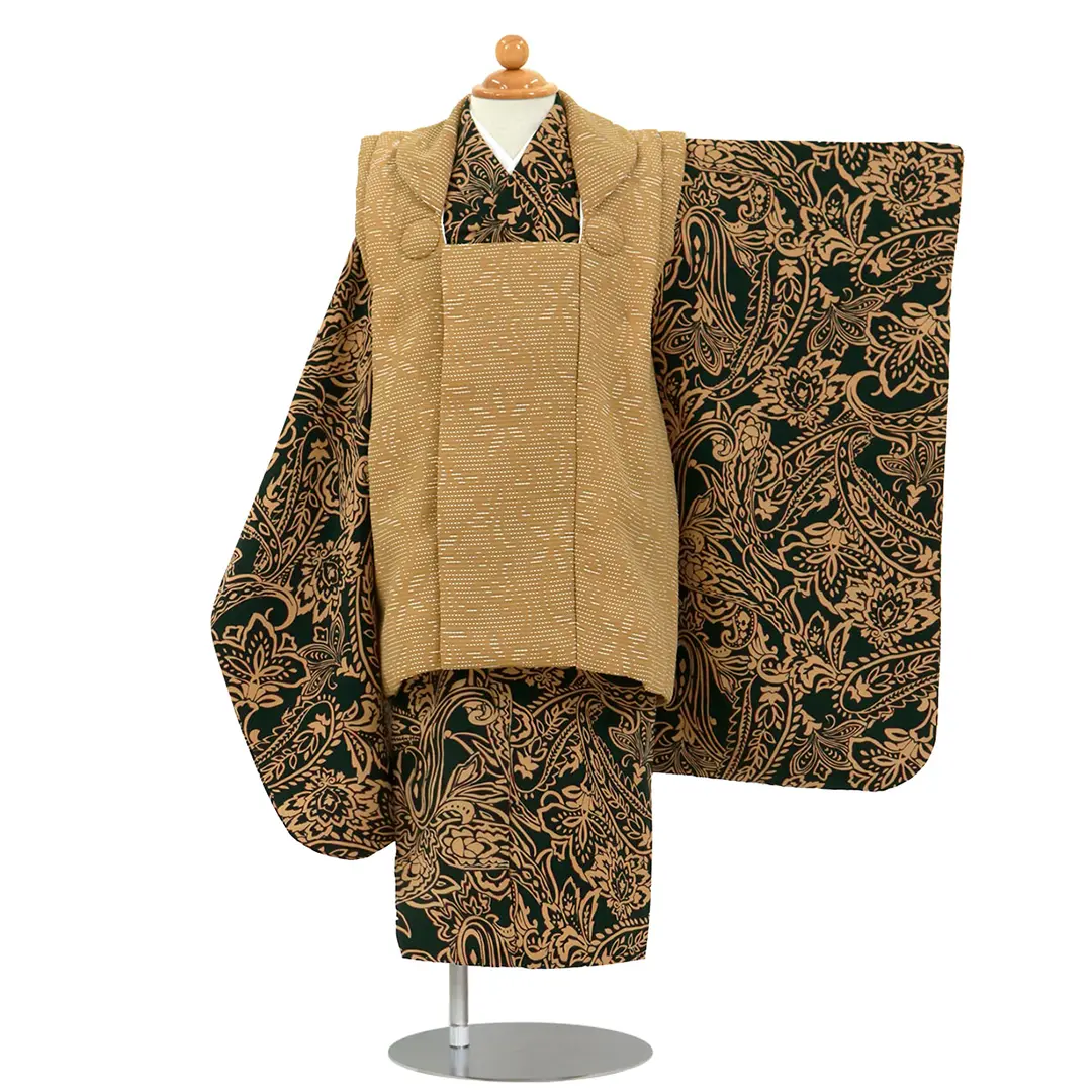 深緑地にペイズリー、キャメルの被布コートセット／七五三・三歳男の子