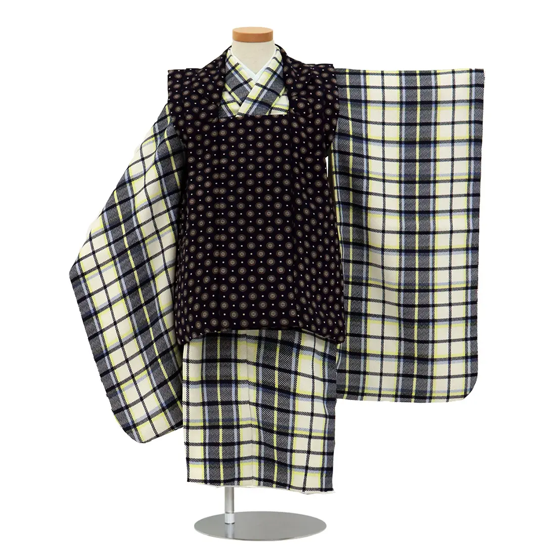 七五三用衣装 黒と青のチェック柄　被布 七五三用衣装 黒と青のチェック柄 被布