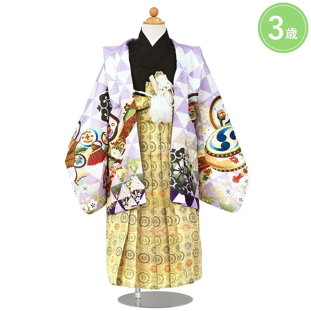 紫地に兜と鱗紋の着物、金襴色の袴／七五三・三歳男の子・袴 | 宅配