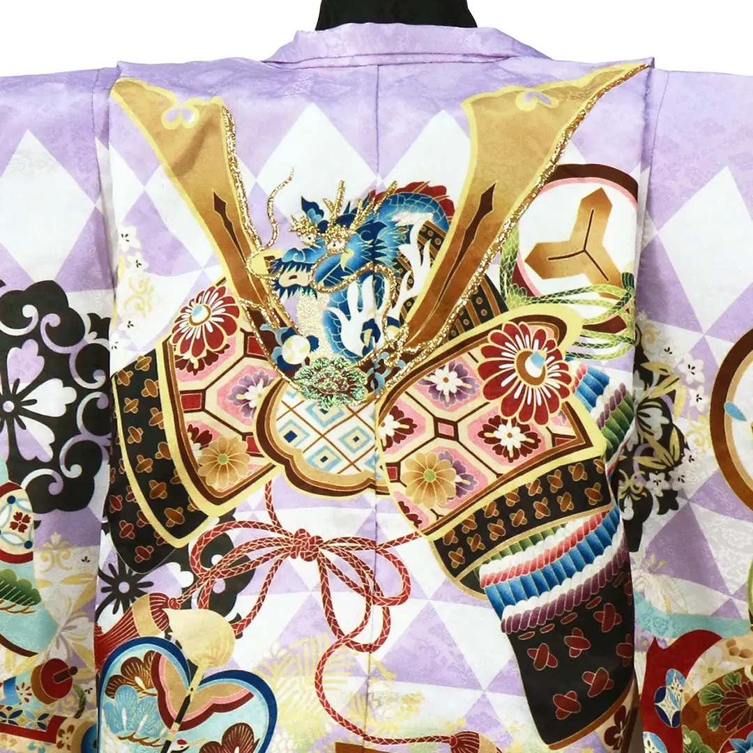 紫地に兜と鱗紋の着物、金襴色の袴／七五三・三歳男の子・袴 | 宅配