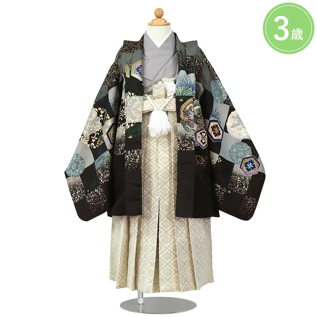 黒地に龍と市松、白グレーの袴／七五三・三歳男の子・袴