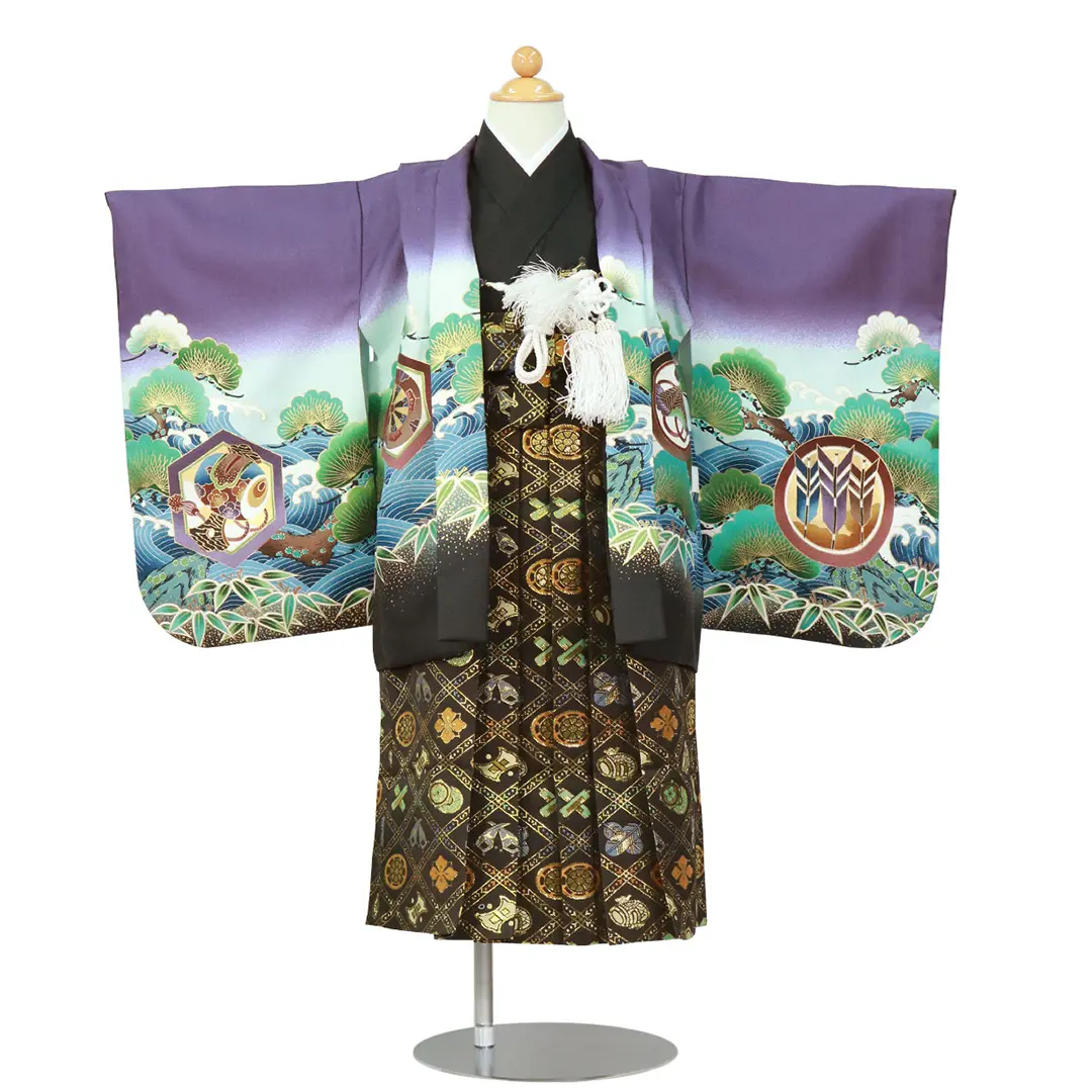 葡萄（えび）色に鷹と宝船、黒の袴／七五三・三歳男の子・袴 | 宅配