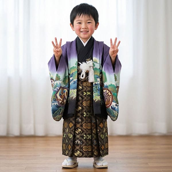 葡萄（えび）色に鷹と宝船、黒の袴／七五三・三歳男の子・袴 | 宅配