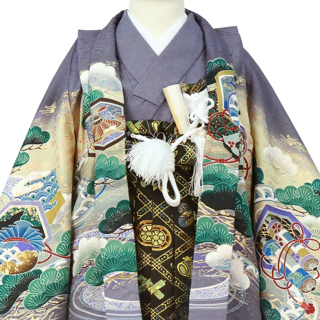 露草（つゆくさ）色に兜と打ち出の小槌、黒の袴／七五三・三歳男の子