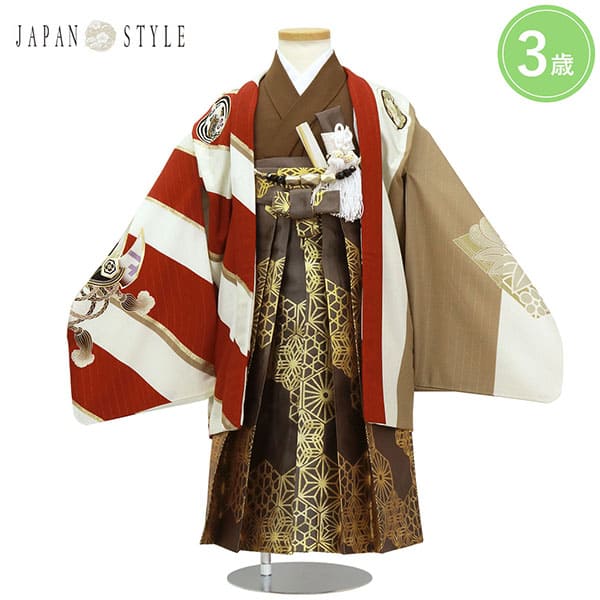 《JAPAN STYLE》白地に縦縞と赤の斜め縞の片身替わりに鷹、竹の葉に薄茶色の袴／七五三・三歳男の子・袴
