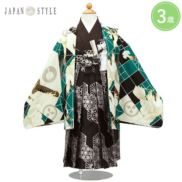 《JAPAN STYLE》胆礬色（たんばいろ）地に日本刀と純白の鷹、黒の袴／七五三・三歳男の子・袴