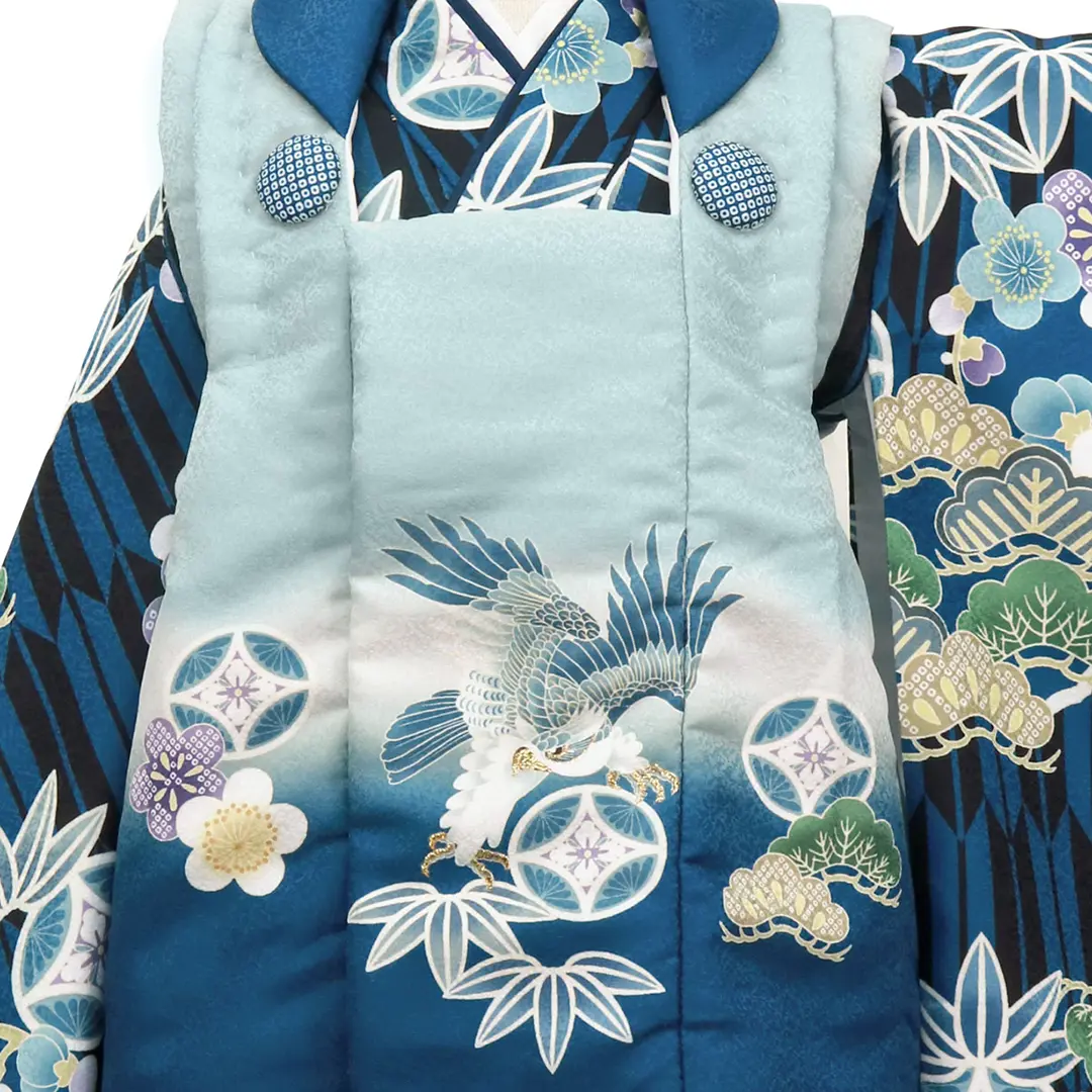 黒地に青色の矢絣と松竹梅、鷹の被布コートセット／七五三・三歳男の子