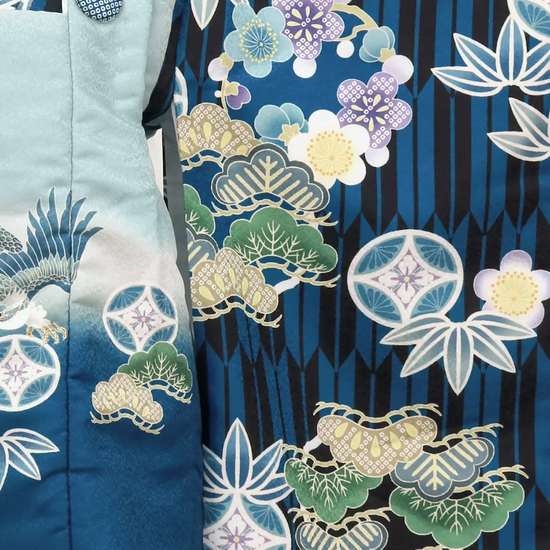 黒地に青色の矢絣と松竹梅、鷹の被布コートセット／七五三・三歳男の子