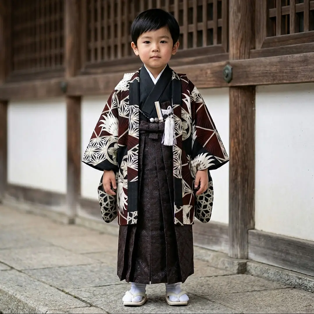 七五三7歳TA-70 袴スタイル JAPAN STYLE》鷹に組子模様（赤）、濃い茶色の袴／七五三・三歳男の子