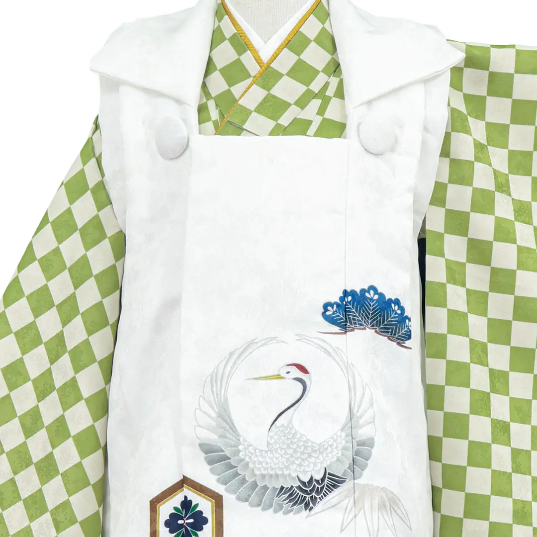 黄緑と白の市松、白地に鶴の被布コートセット／七五三・三歳