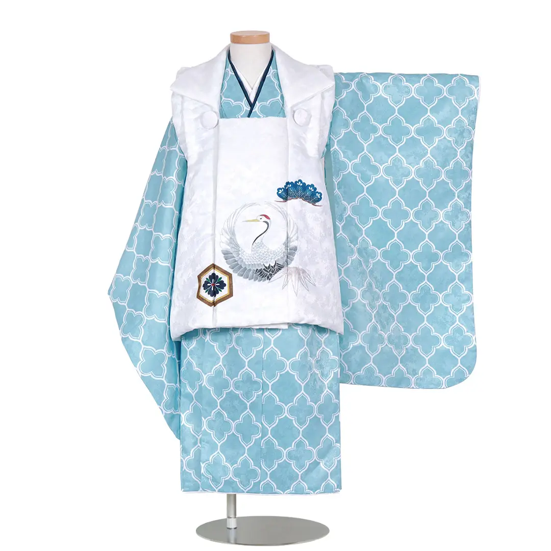 水色地にモロッカン柄、白地に鶴の被布コートセット／七五三・三歳男の子・被布コートセット