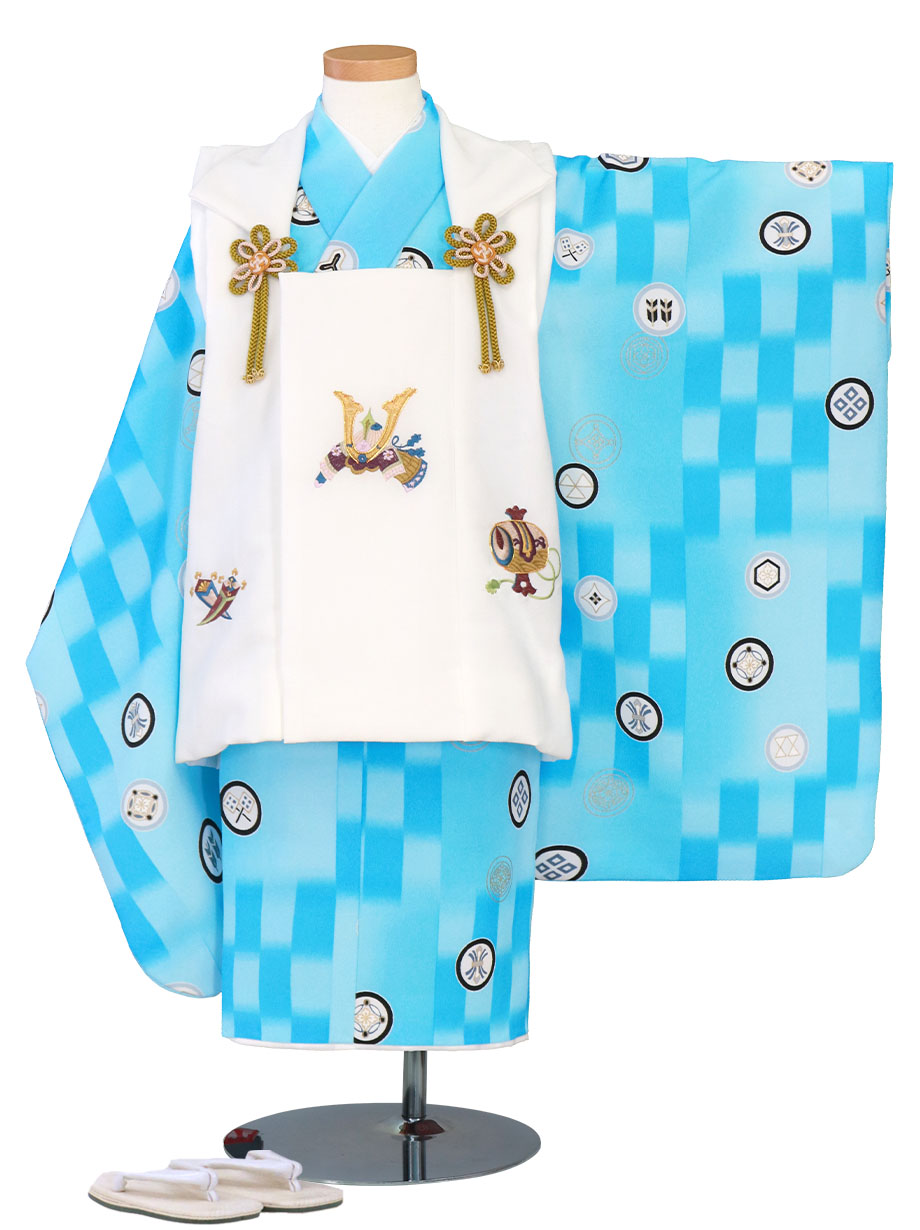 被布着 白・水色チェック 七五三　3歳男の子 水色チェック×白】七五三 3歳 着物 被布コートセット 男の子