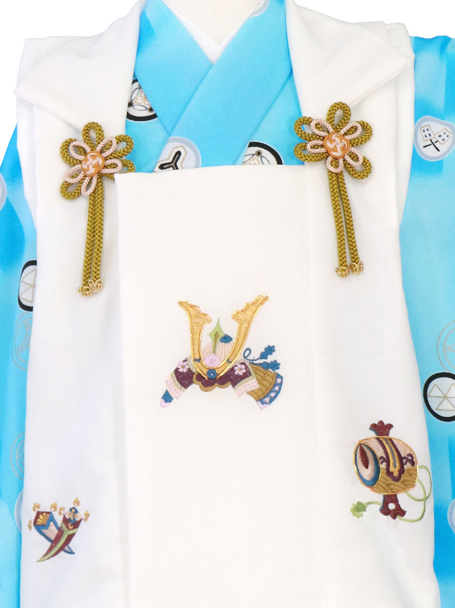 新品PE被布コートセット「ブルー」キラキラ 水色地に変わり市松と丸紋、白の被布コ－トセット／七五三・三歳男の子