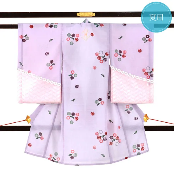 淡紫地に鳥と小花、レースの絽の祝い着（産着）／女児（かしきものオリジナル）