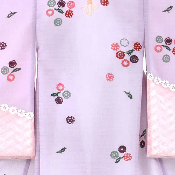 淡紫地に鳥と小花、レースの絽の祝い着（産着）／女児（かしきものオリジナル）背守り