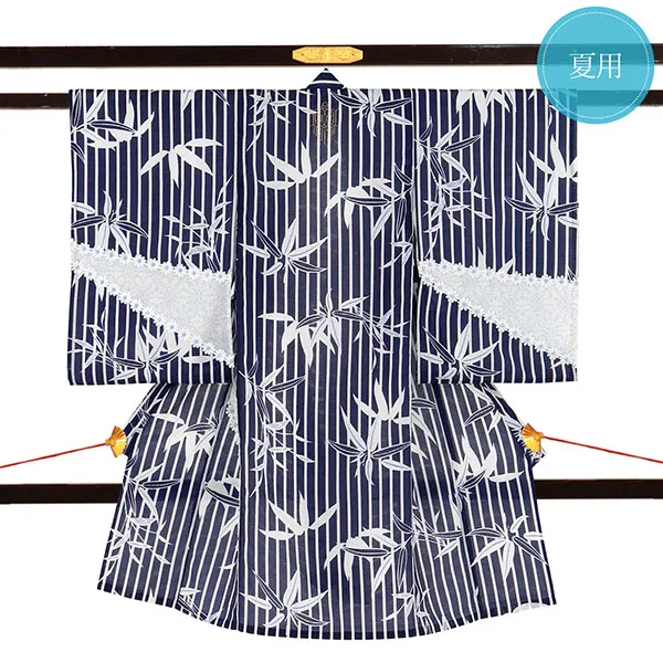 紺地に竹の葉の絽の祝い着（産着）／男児（かしきものオリジナル）