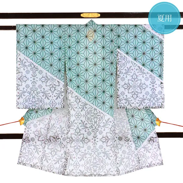 水色地に麻の葉と白地更紗の絽の祝い着（産着）／男児（かしきものオリジナル）