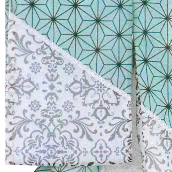 水色地に麻の葉と白地更紗の絽の祝い着（産着）／男児（かしきものオリジナル）左袖