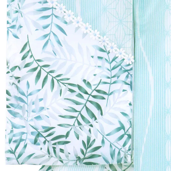 ミントグリーン地に麻の葉と縞の絽の祝い着（産着）／男児（かしきものオリジナル）左袖