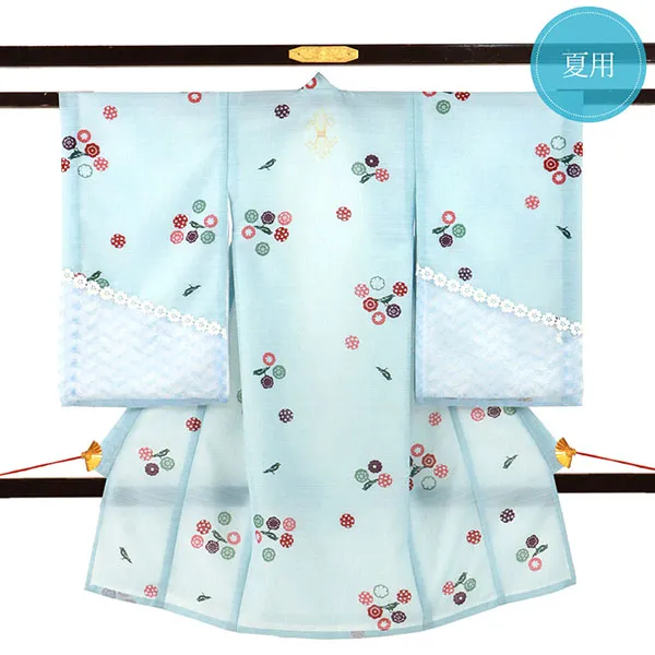 水色地に鳥と小花、レースの絽の祝い着（産着）／男児（かしきものオリジナル）