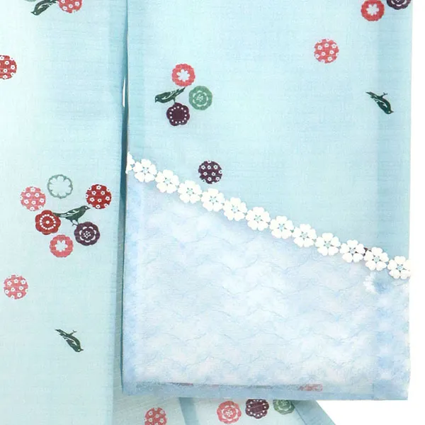 水色地に鳥と小花、レースの絽の祝い着（産着）／男児（かしきものオリジナル）右袖
