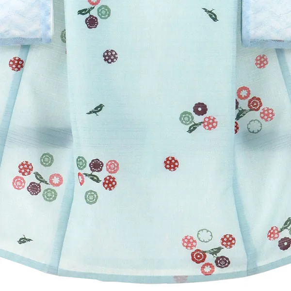 水色地に鳥と小花、レースの絽の祝い着（産着）／男児（かしきものオリジナル）裾模様