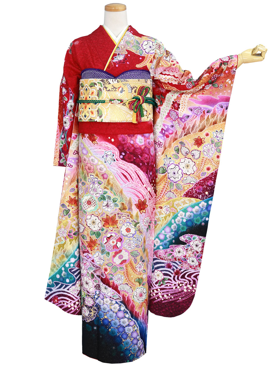 赤地に辻が花風の振袖