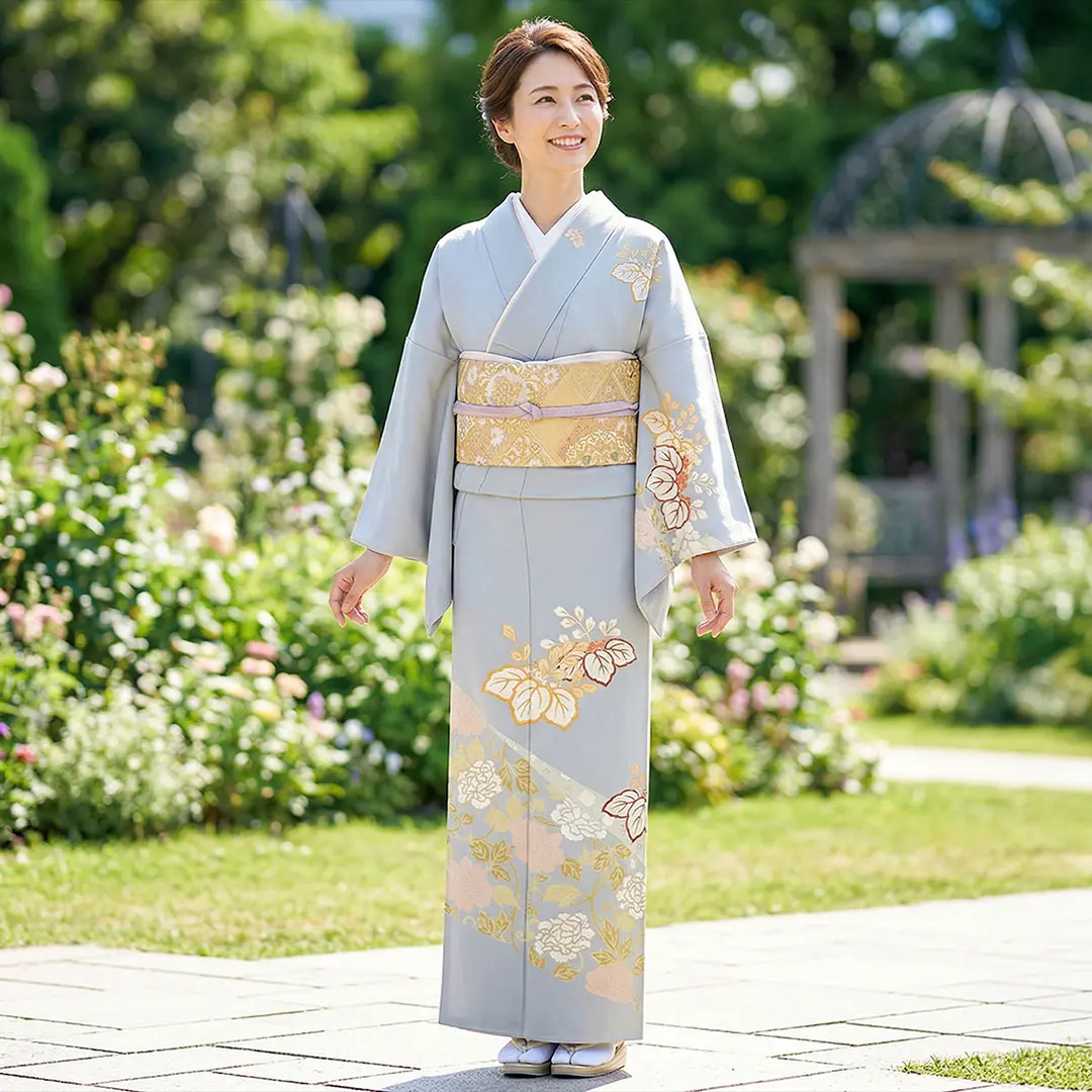 洗える着物（袷）訪問着　和遊日　付け下げ　淡い水色地に桜・牡丹・紅葉柄 訪問着【Lサイズ】[乙葉]水色桜柄[162cmまで]No.574｜着物レンタルの