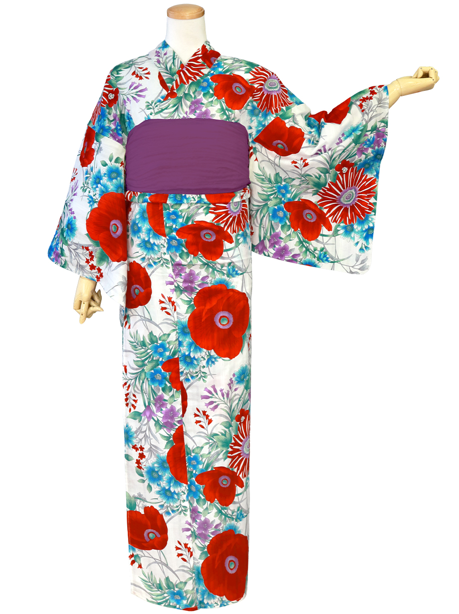 夏着物　正絹　訪問着　フルセット　単衣　花　洋花　白地　O8 1AD0508000.webp