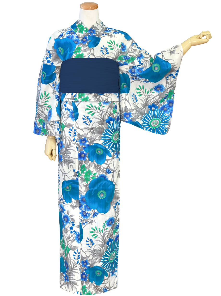 浴衣♡白地にブルーの花柄 洋花・洋柄 浴衣♡白地にブルーの花柄 洋花・洋柄（白地×洋花（青