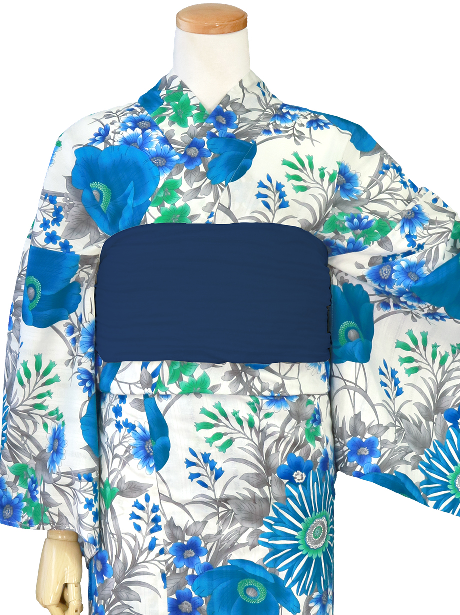 白地×洋花（青）／レディース浴衣 | 宅配着物レンタルの京都かし