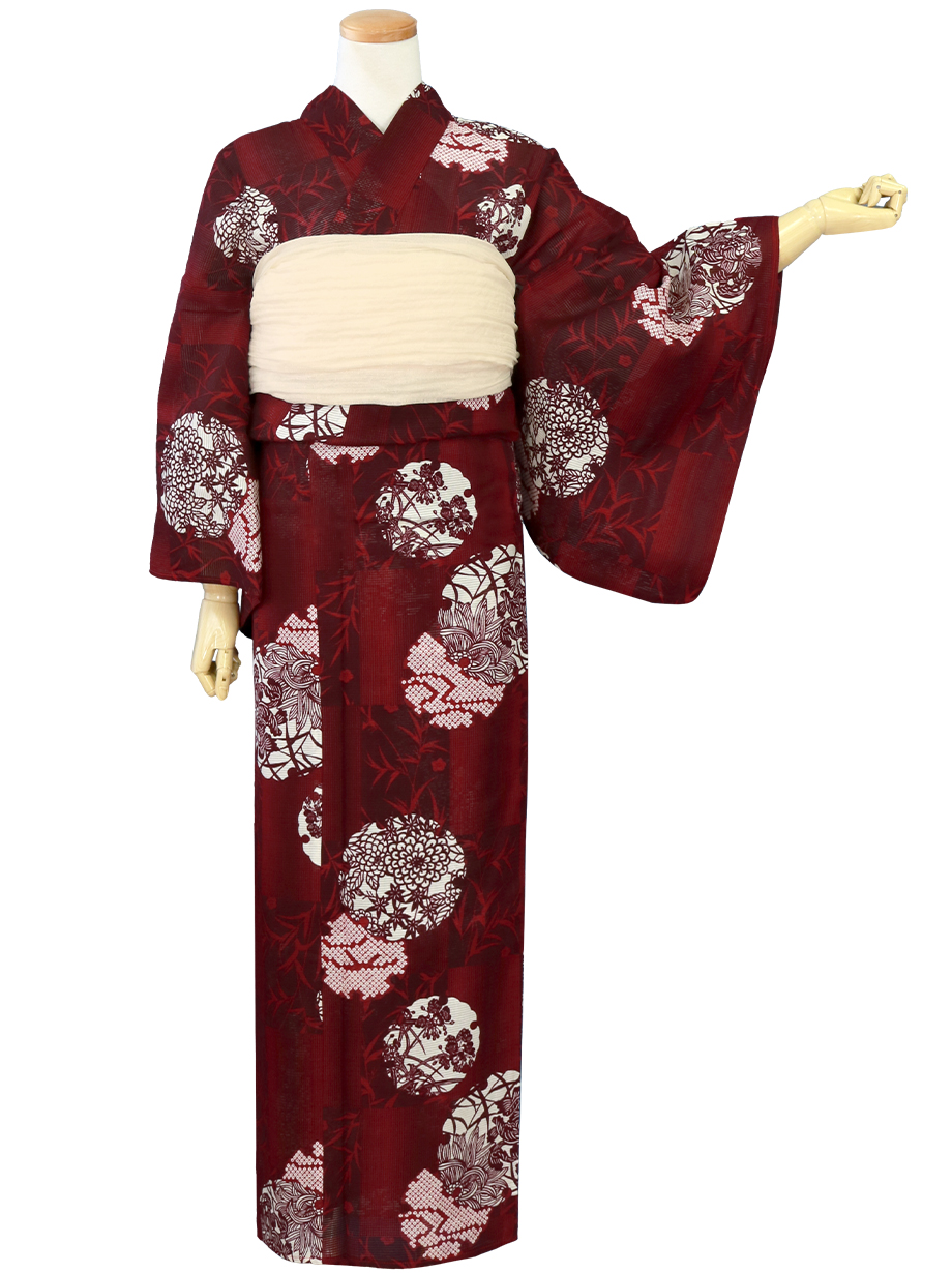 浴衣　蝶と藤七宝に花菱　八つ藤紋　綿紅梅　薄桃色　赤　緑　黄　身丈167裄67 浴衣蝶々と藤七宝に花菱八つ藤紋薄桃色赤緑黄綿紅梅身丈167裄67
