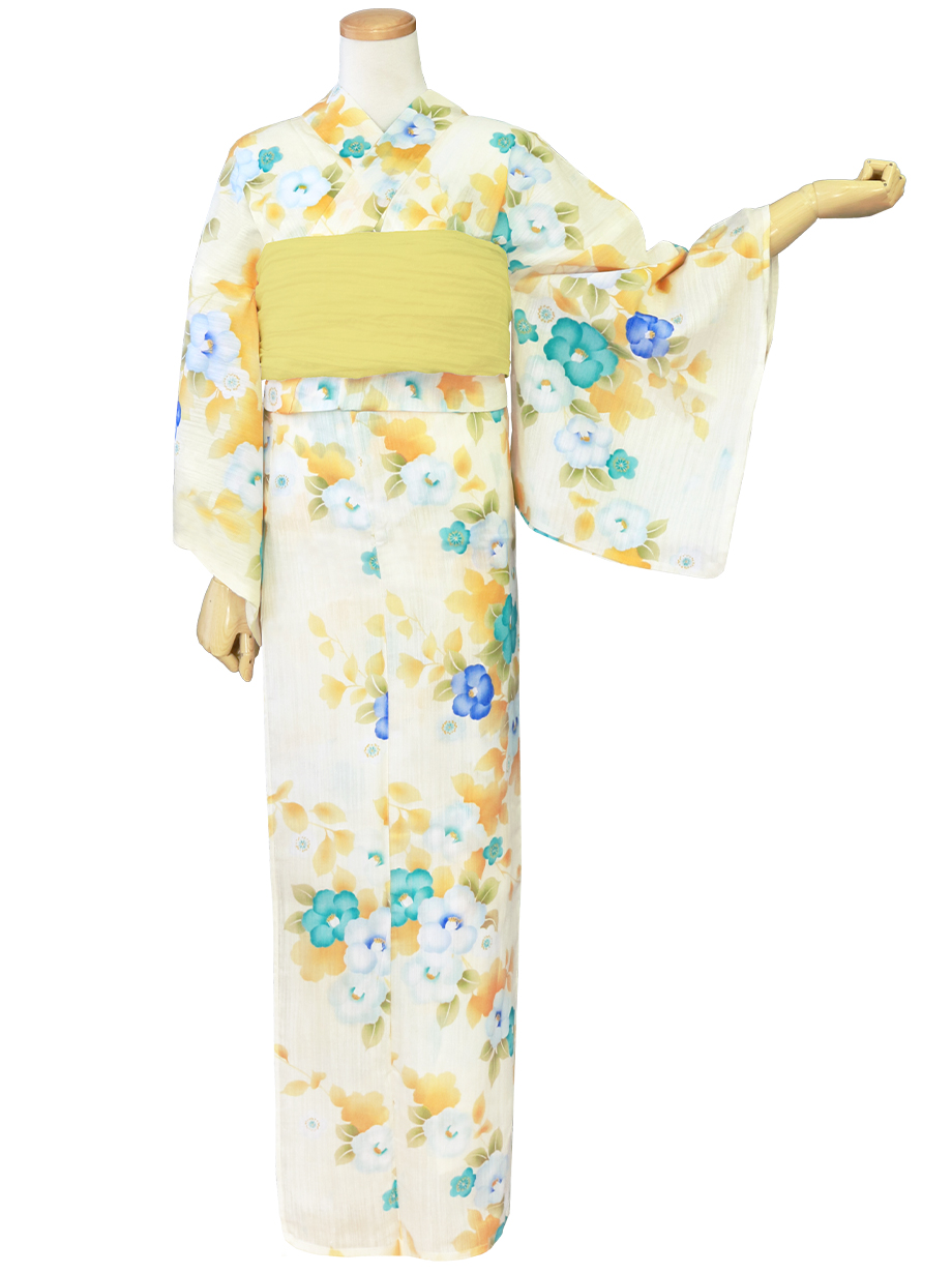 画像の黄色帯 つき◆品ある涼し椿涼し白夏浴衣◆ 画像の黄色帯 つき◇品ある涼し椿涼し白夏浴衣◇ - メルカリ